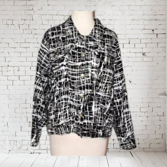 Saint Tropez West Plus Size Women's Linen Jacket Black & White - Picture 1 of 5